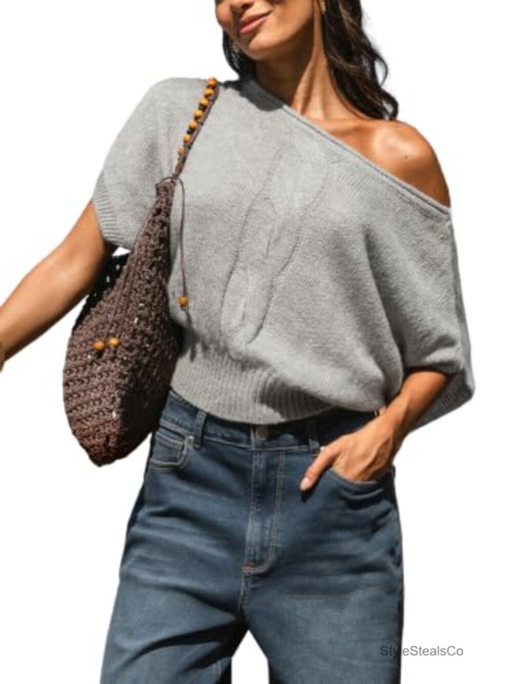 Off Shoulder Dolman Sleeve Knit Pullover Sweater Acrylic Nylon Wool